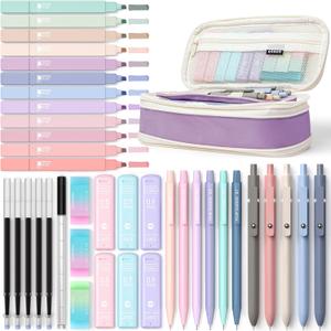 Four Candies 39 PCS Aesthetic School Supplies with Cute Pen Case, 12 Pastel Highlighters, 5 Black Ink Gel Pens, 6 Mechanical Pencils Set for Students Stationary College Essentials (Purple)