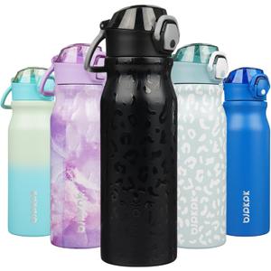 BJPKPK 25oz Insulated Water Bottle with Straw Stainless Steel Double Wall Water Bottles BPA Free Leak Proof Thermal Flask with Lockable Flip Lid and Soft Silicone Spout,Black Leopard