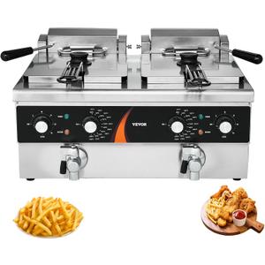 VEVOR Commercial Deep Fryer, 2 x 9Qt / 8.5L Double Oil Fryer with 2 Baskets, 1mm Thickened Stainless Steel, Dual Tank 3500W Electric Countertop Fryer Time & Temp Control, for Kitchen Restaurant Use