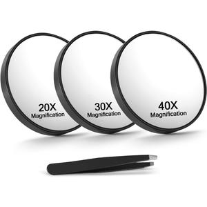 20X/30X/40X Magnifying Mirror with Suction Cups and Tweezers Set, 3.5 inches Travel Magnified Makeup Mirror, Black, 3PCS (Black-20x&30x&40x)