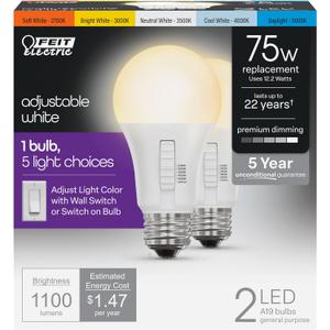 Feit Electric A19 LED Light Bulb, 75W Equivalent, Dimmable, Color Selectable 6-Way, 5CCT, E26 Medium Base, 90 CRI, 1100 Lumens, Damp Rated Lightbulb, 22-Year Lifetime, OM75DM/6WYCA/2, 2 Pack