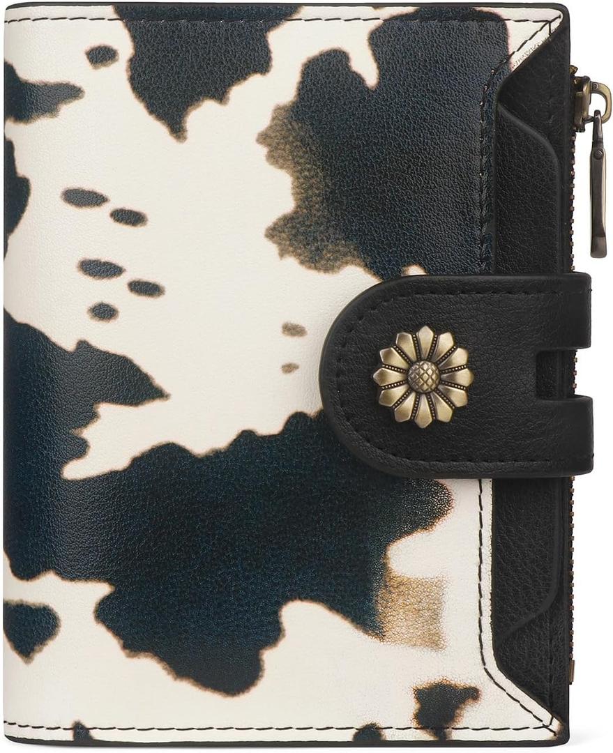 Blucoay Wallet Women,RFID Blocking Leather Womens Wallet Bifold Compact Card Holder Small Wallet for Women with Removable ID Window Cowprint Black