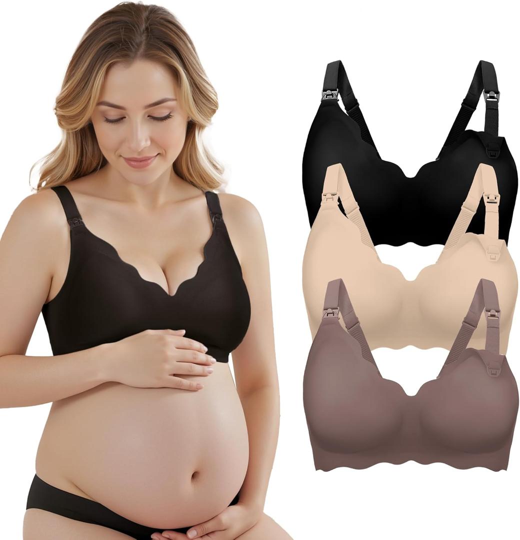 3 Pack Nursing Bras for Breastfeeding, Seamless Maternity Bra Women Pregnancy with Extra Bra Extenders & Clips (Black Beige Grey)
