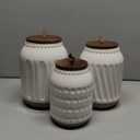 TTU Tabletops Gallery Ceramic Canister Collection- Stoneware Designed Kitchen Storage Embossed Acacia Wood White Set, 3 Piece Embossed Ziggy White Canister Set