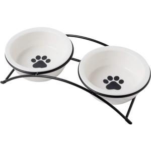 KitchenLeStar Cat & Dog Bowls - Ceramic Elevated Pet Raised Cat Food Bowls, 12 Ounce, Dishwasher Safe (2 Paw Pattern bowls & Black Stand)