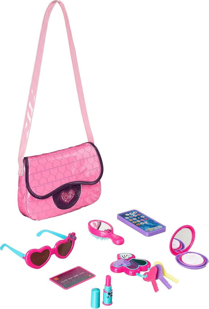 Amazon Basics 8-Piece Pretend Play Purse Toy with Accessories for Girls Ages 3 and Up, Kids Toy Handbag Gift Set Including Smartphone, Sunglasses, Pretend Makeup Kit, Keys and Credit Card, Pink