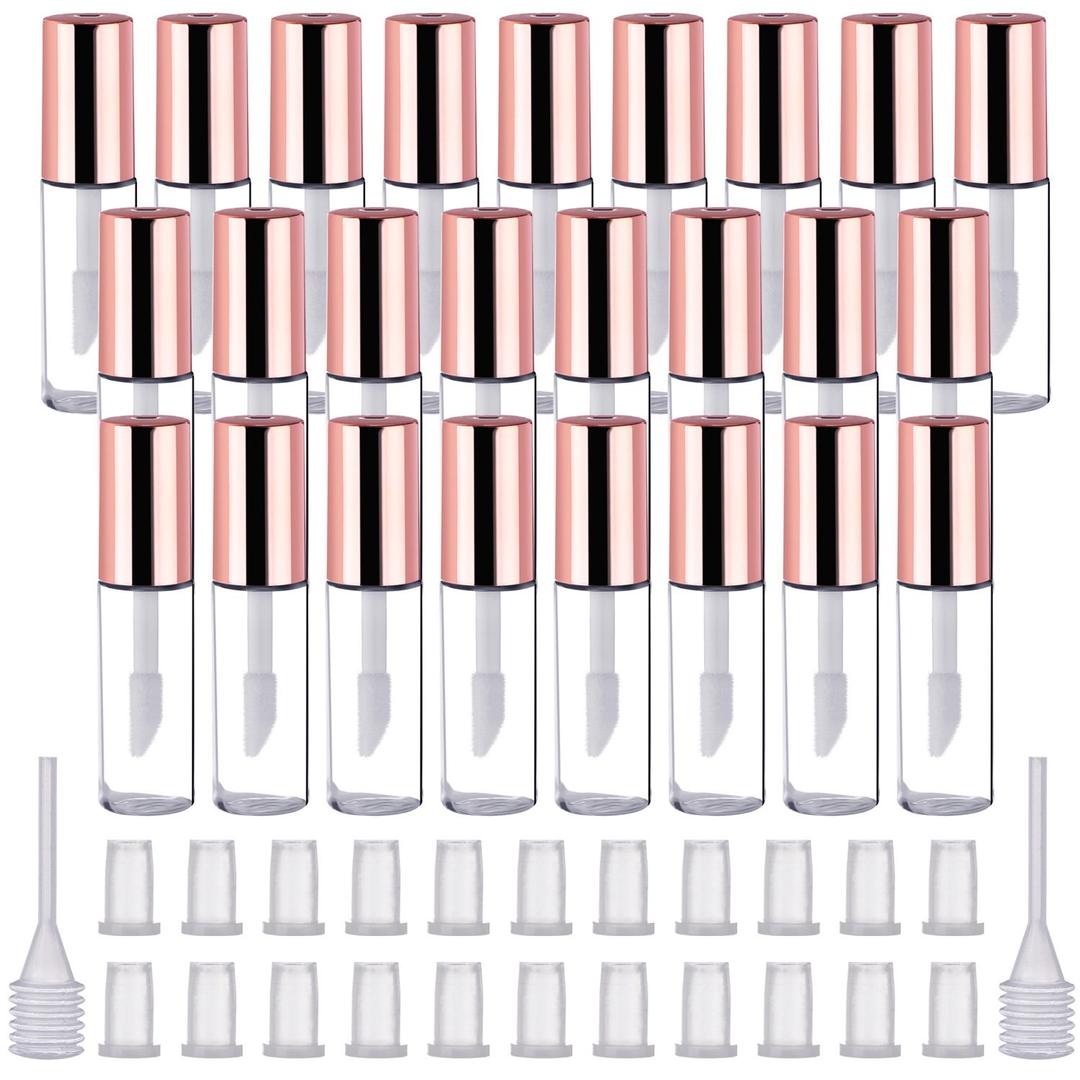 25 Pack Empty Lip Gloss Tubes Containers, Clear Mini Refillable Lip Balm Bottles with Rubber Inserts and Transfer Pipettes for Different Samples Travel Split Charging DIY Makeup (1.2 ML, Rose Gold) (0.04 Fl Oz (Pack of 25))