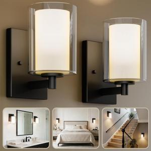 Kalium Wall Sconces Set of Two, Modern Vanity Lights with Double Clear Glass Shade Matte Black Indoor Farmhouse Wall Lights for Bathroom Living Room Bedroom Mirror Hallway Bulb E26 Base (2PCS)