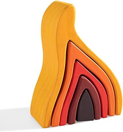 MERRYHEART Wooden Rainbow Stacking Toy, Fire Elements Wooden Stacker, Various Shapes Nesting Stacking Blocks, Waldorf & Montessori Open-Ended Education Toy for Kids/Toddlers