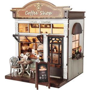 DIY Miniature House Kit, Coffee Shop Book Nook Kit, Mini Building Kit, Dollhouse Kit for Adults and Teens, 3D Wooden Puzzles with LED Light, Craft Kit for Family and Friends(Retro Coffee Shop)