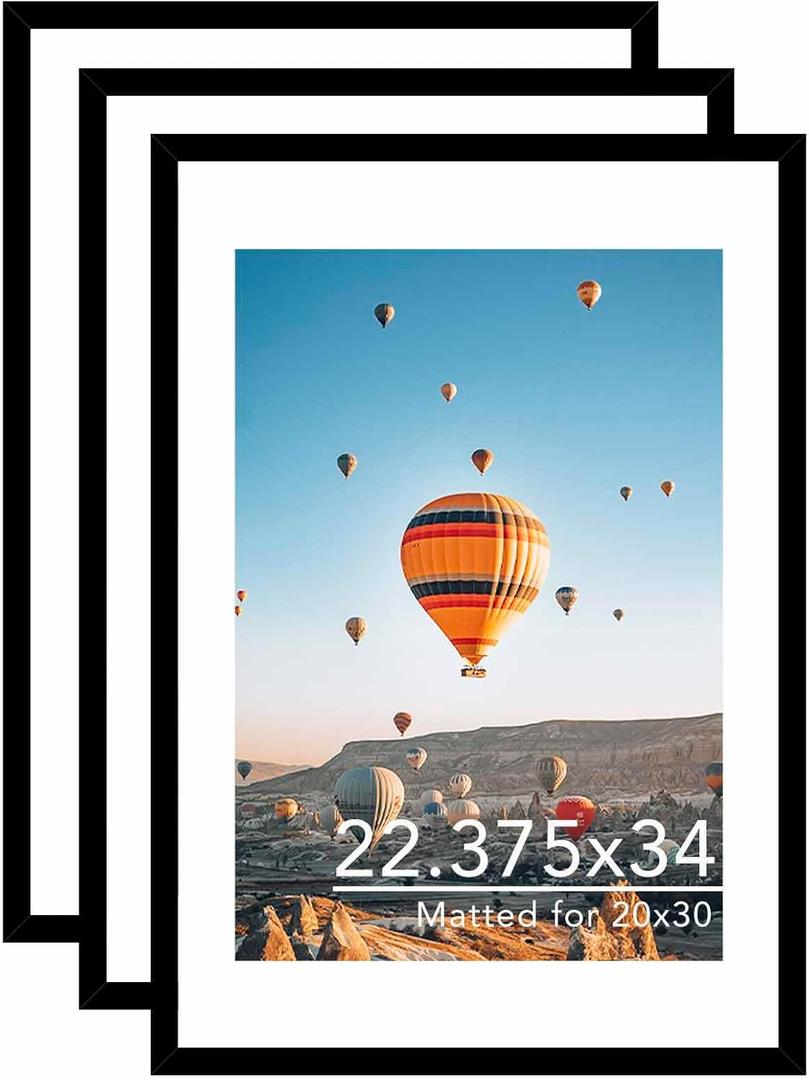 22.375x34 Picture Frame with 20x30 Mat Set of 3, Display Photo 20x30 with Mat or 22.375 x 34 Without Mat, Wall Hanging Large 22.375 by 34 Poster Frame with Plexiglass, 3 Pack, Black