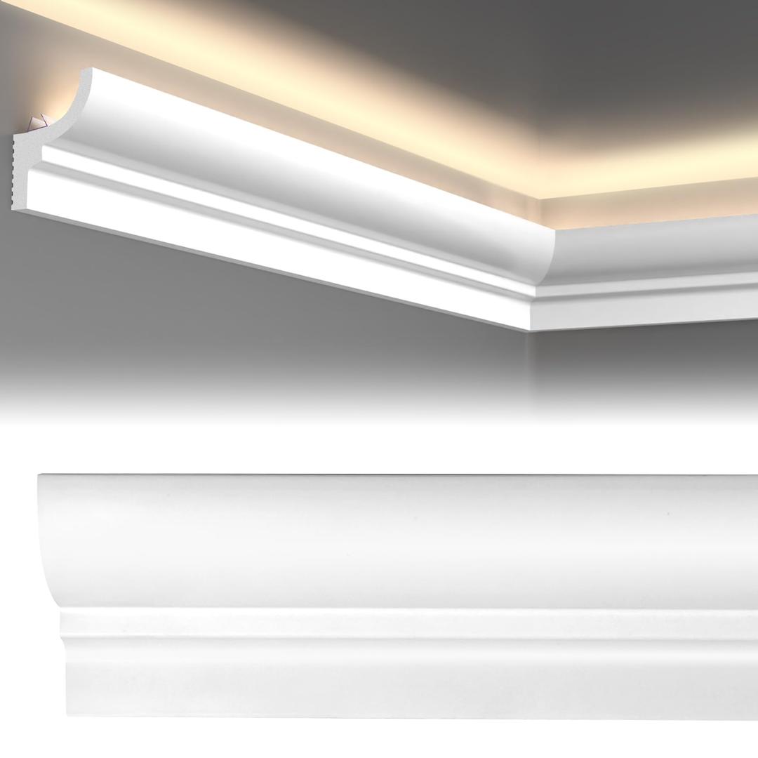 8 Pack 45.67" Ceiling Crown Molding Trim with LED Duct Kit (Total 30.5 Ft), High-Impact Decorative Ceiling Moulding with Separate LED Channel, DIY Crown Molding for Ambient Home Lighting,Glue Included