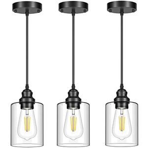 Licperron 3 Pack Hanging Pendant Lighting Fixtures, Adjustable Black Hanging Ceiling Lamp with Clear Glass Shade, Modern Pendant Light for Kitchen Island, Dining Room, Bedroom, Hallway