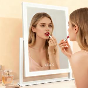 ROLOVE 16"x13" Vanity Mirror with Lights, Three Colors Lighting Mode, 360Rotation, Lighted Makeup Mirror wih Stand for Desk, Bedroom, Dorm, Gifts for Women (White)