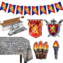 Jecery 18 Pcs Medieval Party Decorations Set, Lion Hanging Banner, Brick Stone Wall Tablecloth Roll, Torches and Shields for Renaissance Medieval Knight Birthday Party Favor
