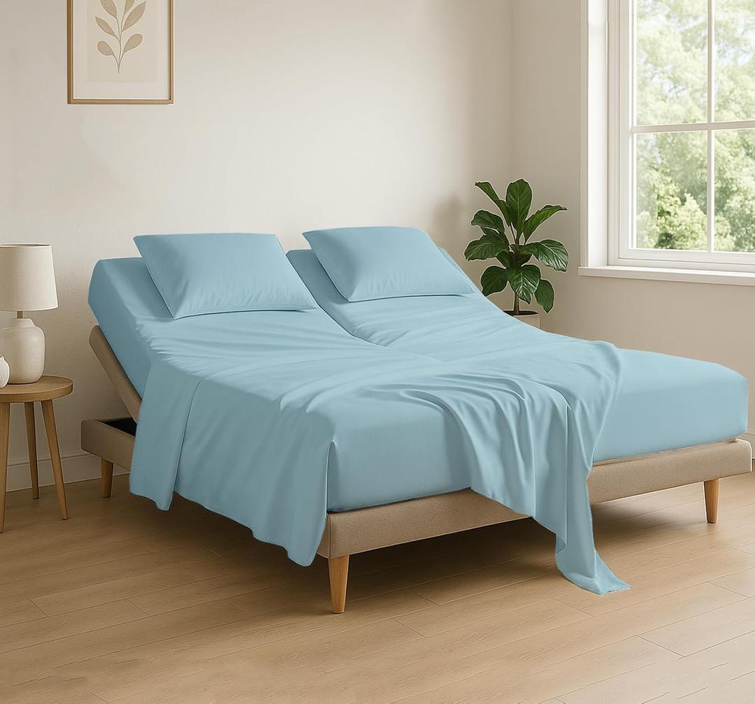 Cottingon 4 Piece Flex Head King Sheet Set, Top 34 Inch Split Sheets for Sleep Number Adjustable Beds, Soft Breathable 100% Egyptian Cotton, Fits Upto 16" Deep Mattress 78"X80"+ 34", Light Blue