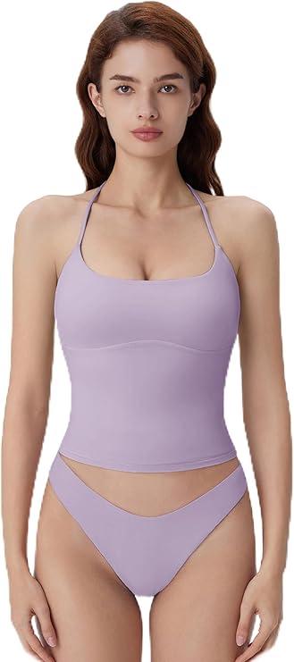 SUUKSESS Halter Tops for Women Tank Tops with Built in Bras Double Lined Backless Top Y2K Going Out Camisole M