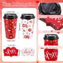 50 Pcs Disposable Paper Cups with Lids and Sleeves 16 oz Red White Hearts Paper Coffee Cups for Wedding Anniversary Party Supplies