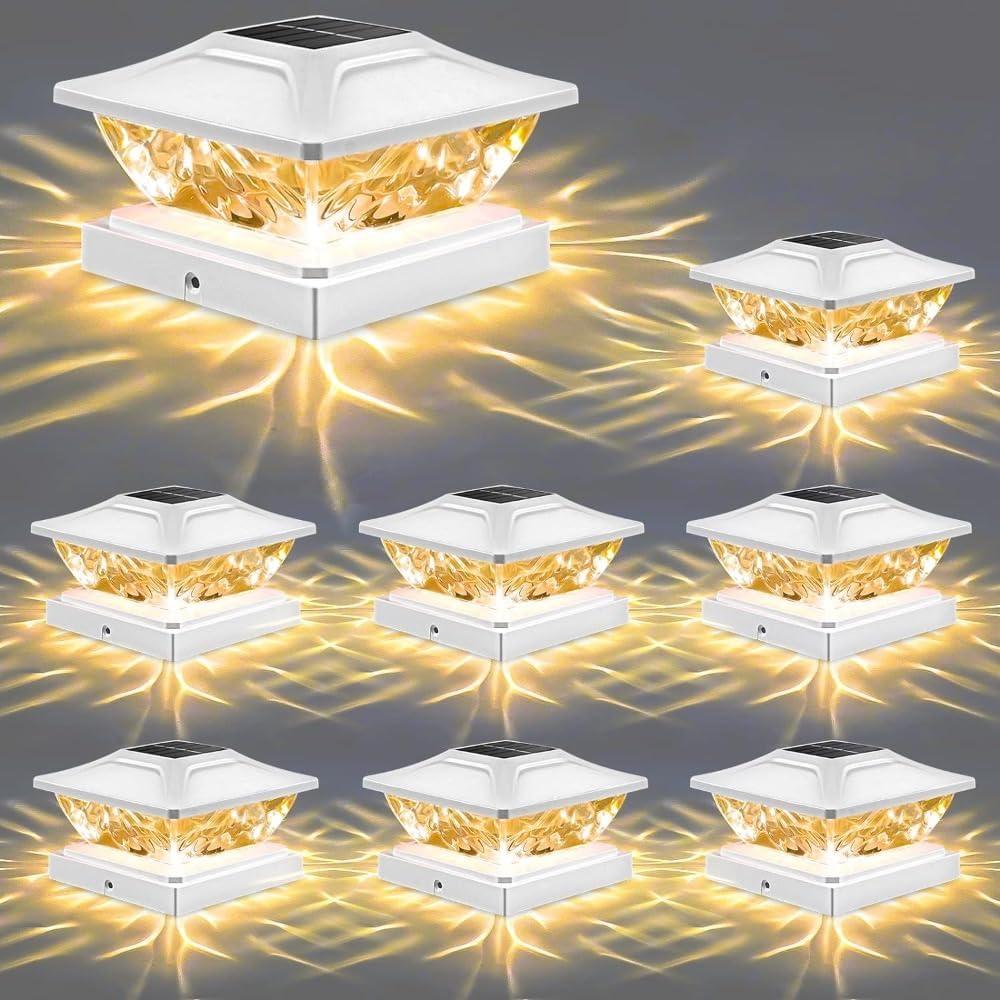 Post Lights Solar Cap Lamp Outdoor | 2 Colour Modes | Waterproof Fence Deck Light for 3.5x3.5 4x4 4.5x4.5 5x5 Wooden Posts | Garden Porch Patio Step Decoration Lighting Fixtures, White (8 Pack)