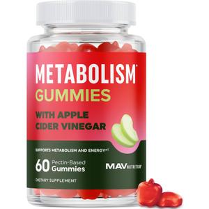 Metabolism Gummies with Apple Cider Vinegar | Energy, Digestion & Lean Body Mass Support | Apple Cider Vinegar Gummies with The Mother, B12 & Folate | Metabolism Support for Women & Men | 60 Ct.