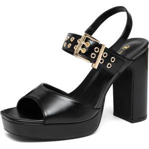 NEWBELLA Women's Platform Heeled Sandals - Open Toe Ankle Strap Slingback with Block Heel & Buckle, Summer Dress Shoes for Vacation & Evening, Black 8.5