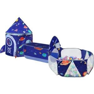 Gift 3pc Rocket Ship Kids Play Tent, Ball Pit, Crawl Tunnel, Toddlers Playhouse Castle Toys, Baby Boys Girls Gift for 3 4 5 6 7 Year Old, Outdoor Indoor(Balls Not Included)