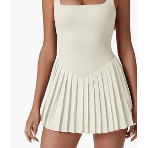 QINSEN Womens Square Neck Tennis Dress Pleated Sleeveless Built in Shorts Golf Athletic Dress  Small