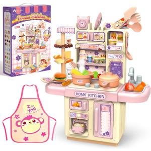 Mini Kids Kitchen Playset with Apron, Play Kitchen Toy with Realistic Steam and Lights, Play Sink and Toy Kitchen Accessories, Pretend Play Gift for Toddlers 3-5 Boys Girls (Pink)