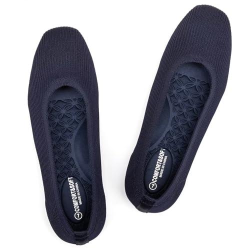 Frank Mully Womens Square Toe Flat Shoes Comfortable Knitted Flats Work Flats for Woman (Navy, 11 Wide)