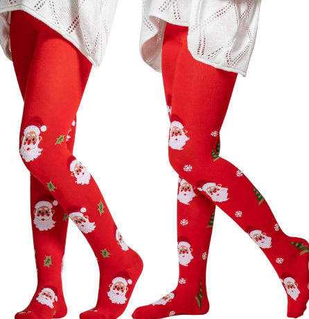 Aaronano 2 Pairs Girls Patterned Red Tights Christmas Holiday Stockings Kids Snowflake Printed Tights for Girls, Medium