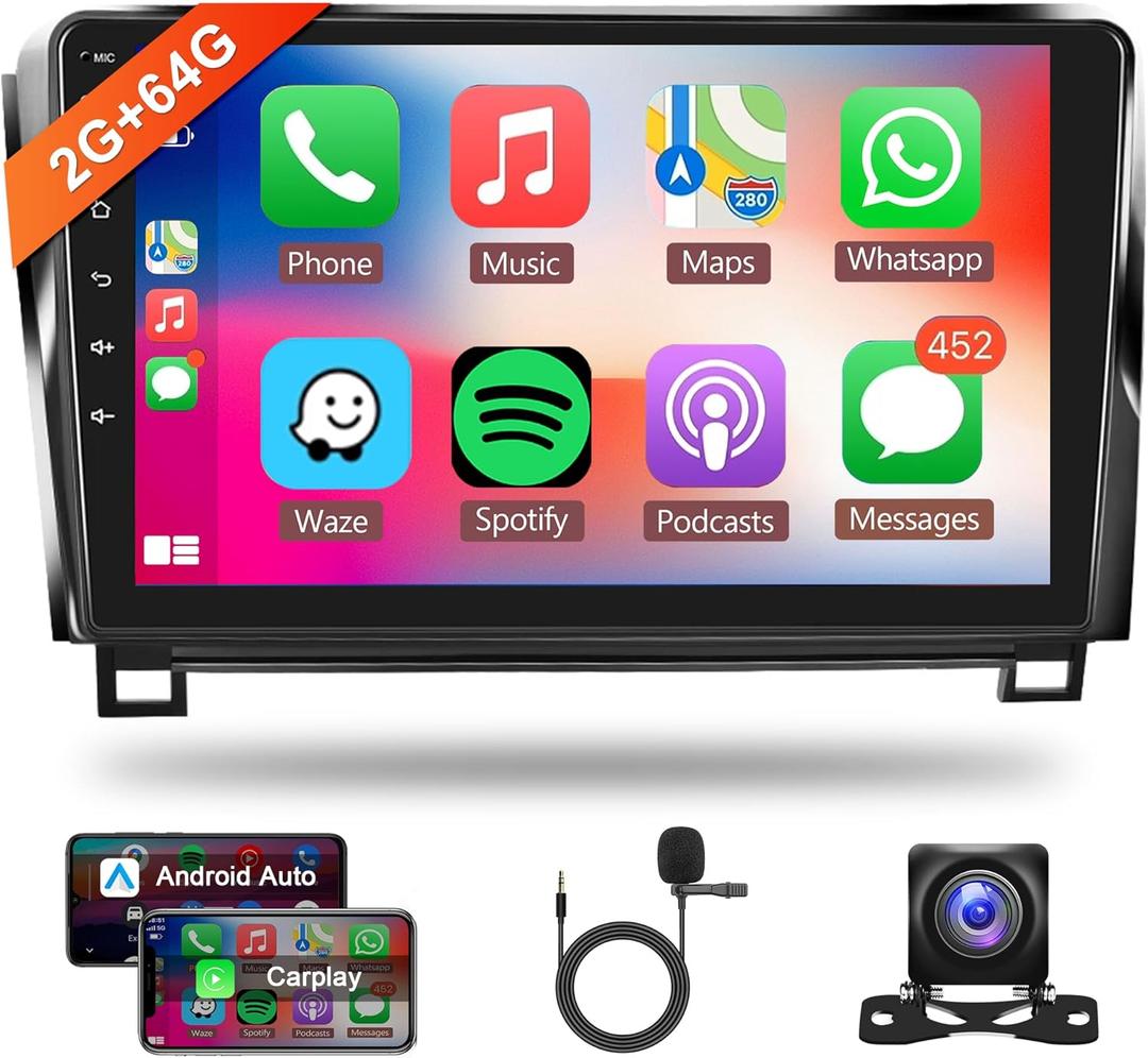 2+64G Android Car Radio Car Stereo for Toyota Tundra 2007-2013/Sequoia 2008-2018 with Wireless Carplay Android Auto, 10.1'' Touch Screen Head Unit WiFi GPS Bluetooth FM RDS Hi-Fi AHD Backup Camera SWC