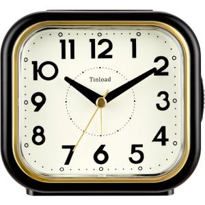 Tinload 4.3" Vintage Retro Analog Alarm Clock, Super Silent Non Ticking Clock with Manual Light, Snooze, Battery Operated, Simply Design, for Living Room, Bedroom, Bedside, Desk(Black-V2)