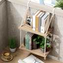2 Tier Cubicle Shelf for Walls, 11.8" Wooden Hanging Wall Shelf with Hooks & Cotton Rope, Boho Style Office Cubicle Accessories for Work, Desk Wall Storage Organizer for Office Decor