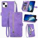 TopFunny Cases for iPhone 15 Wallet Case for Women with Card Holder Retro Embossed Flower Zipper Wallet PU Leather Flip Cover with Detachable Lanyard for Apple iPhone 15 6.1" Purple