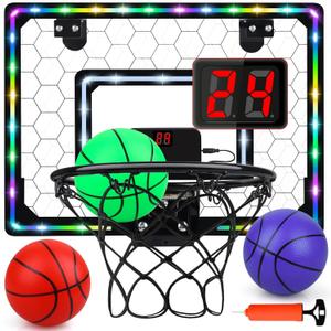 Basketball Hoop Indoor,Mini Hoop with LED Light/Scoreboard, Door Basketball Hoop Basketball Toys Gifts for 5 6 7 8 9 10 11 12 Year Old Boys Girls (Honeycomb Pattern)