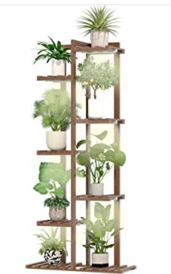 Solatmos Bamboo Plant Stand With Grow Lights Indoor Plants Outdoor Corner Plant Shelf Flower Stands for Living Room Patio Garden Corner Balcony (Wood, 7 Tier)