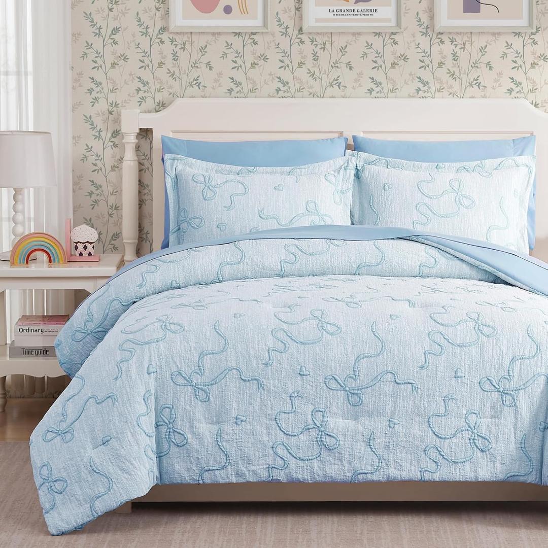 Geniospin Light Blue Twin Comforter Set for Girls- 5 Pieces Bowknot Jacquard Bed in A Bag Twin Bedding Sets with Sheets, Pillowcases & Shams, All Season Kids Comforter Set