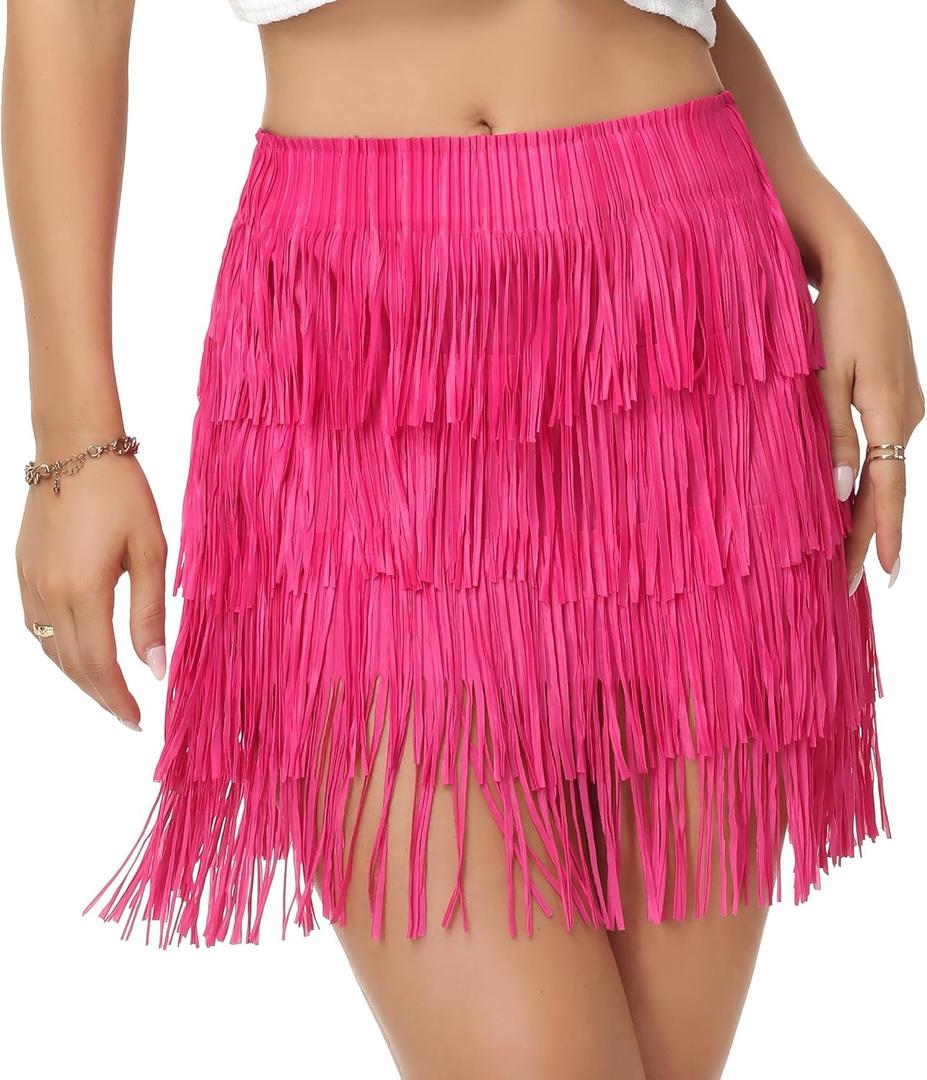 Fringe Skirt Women High Waist Mini Stretchy Pencil Cowgirl Concert Party Club Rave Festival Western Dance (Pink, S)