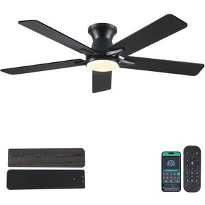 52" Low Profile Ceiling Fans with Lights and Remote,Black Indoor Ceiling Fans with Reversible Quiet Motor,Modern Flush Mount Ceiling Fan Light for Bedroom