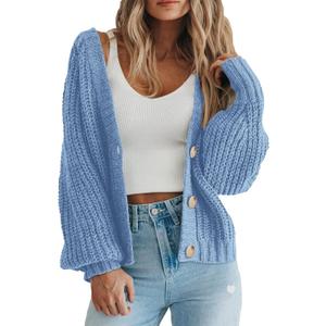 PRETTYGARDEN Women's Chunky Knit Open Front Sweater Long Sleeve Button Loose Short Cardigan Outerwear Coats (Blue, M)