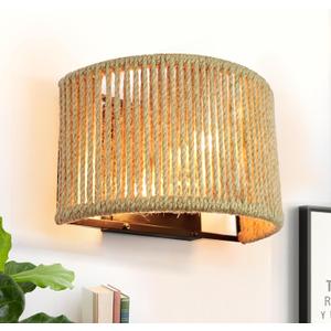 Rattan Wall Sconce Boho Wall Light Fixture Hand Woven Wall Mounted Lamp for Bedside, Staircase, Aisle, Porch, E12 Base D9.7 Inch