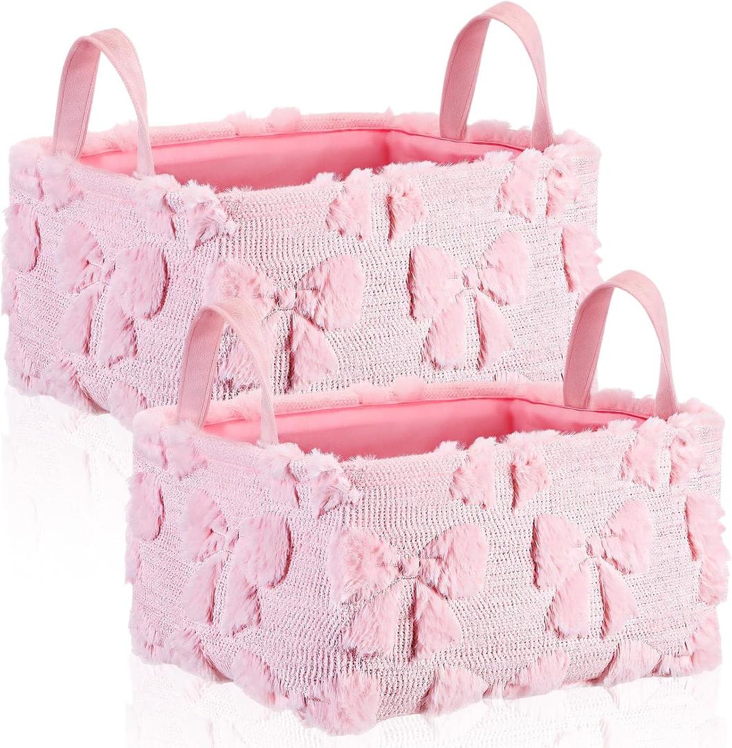 2 Pcs Pink Bow Storage Baskets 14x10 Inch Easter Gifts Baskets Laundry Foldable Fluffy Storage Bin with Handle Spring Coquette Decor Closet Organizer for Countertop Tabletop Shelf