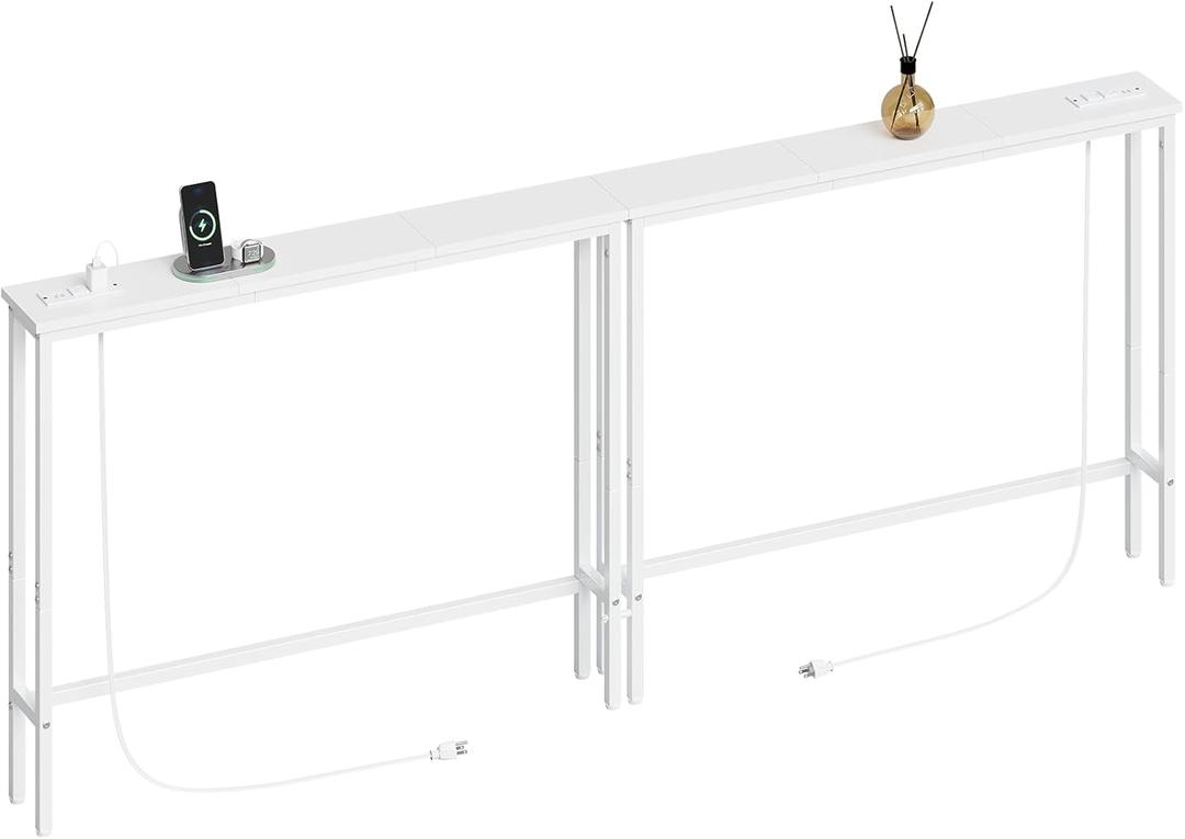 ELYKEN 2 Pack 5.9" Narrow Console Sofa Table with Power Outlets, Total 78.8 Long Behind Couch Table with Charge Station and 5.9 Extension Cord for Living Room, 5.9" D x 78.8W x 29.5H, White
