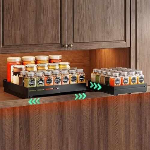 SNTD Pull Out Spice Rack for Upper Cabinet - Expandable Organizer with Smooth Ball Bearing Slides, No Drill Mounting Spice Storage for Kitchen (2 Pack, 7.2" to 12.9" W X 10" D X 2.2" H)
