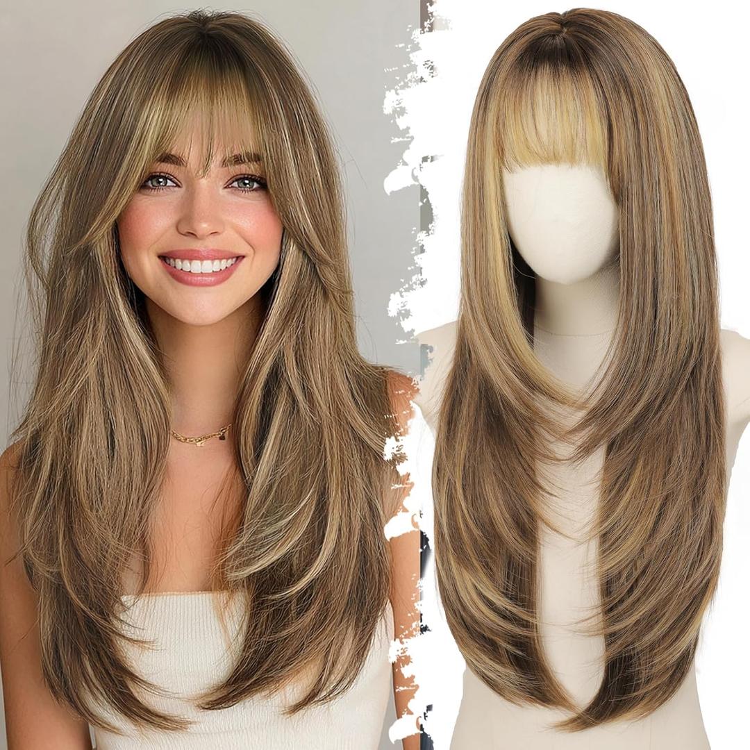 Eawwii Long Brown Blonde Highlight Wig with Bangs for Women 4x4 Realistic Scalp,Free Parting,Layered Hairstyle Synthetic Heat Resistant for Daily Party Use 26 inch
