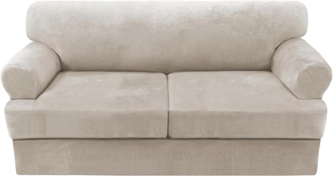 H.VERSAILTEX Sofa Cover 3 Piece T Cushion Sofa Slipcovers Thick Velvet Couch Cover Stretch T Cushion Sofa Covers for 2 Cushion Couch with 2 Individual T Cushion Covers Washable, Oatmeal