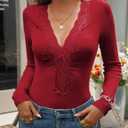 CiCiBird Womens Sexy Lace V Neck Long Sleeve Top Slim Fit Going Out Shirt 2025 Spring Fall Fashion Tee (Red, L)