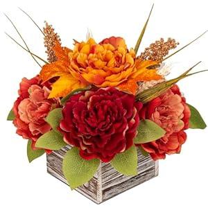 DILATATA Fall Decor Autumn Harvest Floral Centerpiece with Artificial Peony Maple Leaf and Berries Arrangement for Thanksgiving Party Mantel Fall Decor
