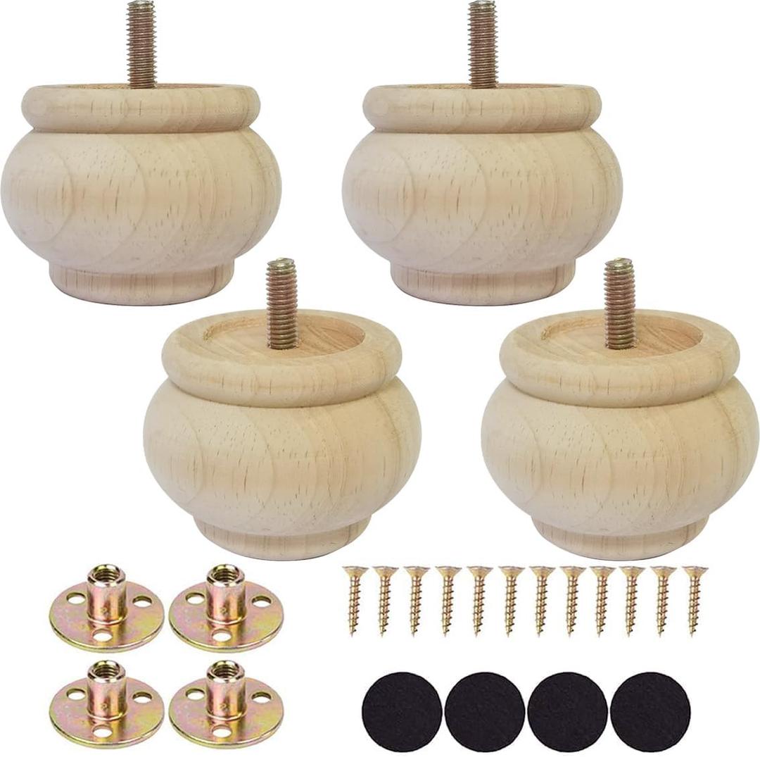 2 Inch Wooden Furniture Legs, Solid Wood Unpainted Replacement Furniture Legs, Ottoman/Loveseat Replacement Legs, Cabinet Legs/Desk/Sofa/Bookcase Round Bun Feet Set of 4 (2 Inch)