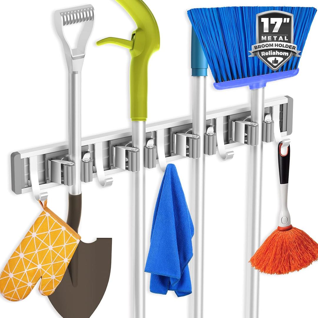 reliahom Adjustable Broom Holder Wall Mount, Mop Storage Tool Racks, Broom Hanger Tool Organizer for Garage, Kitchen, Garden, Laundry Room, 4 Racks 5 Hooks Silver (1 Pack 4R5H)